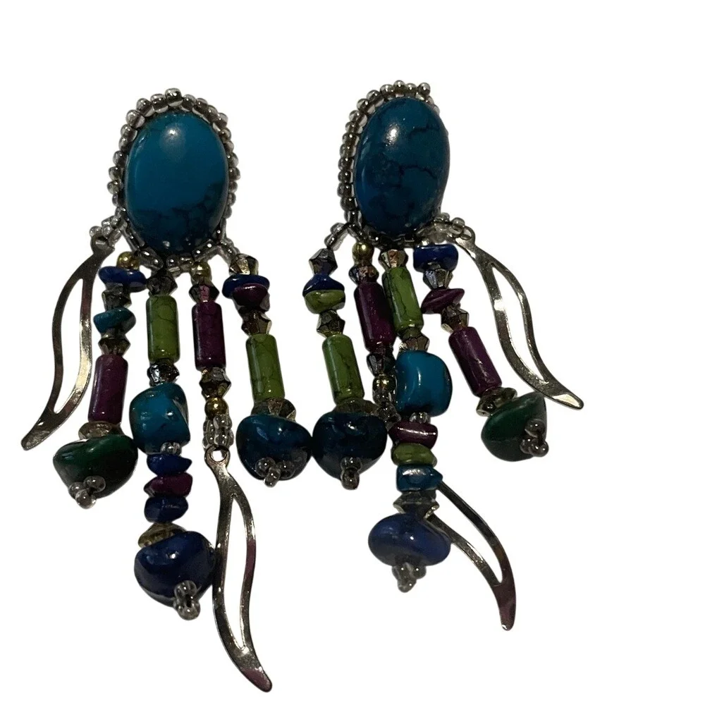 Turquoise Beaded Dangle Earrings Silver Tone‎ Boho Statement Jewelry